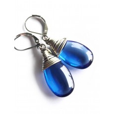 Blue Teardrops, Deep Blue Navy Earrings, Wire Wrapped Earrings, Navy Earrings,